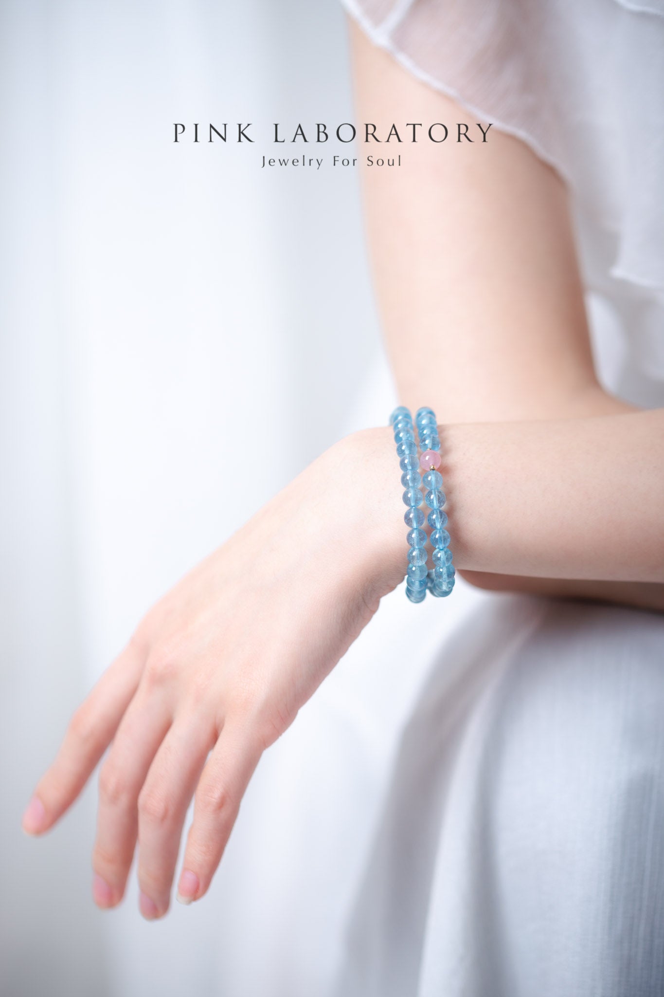 海藍寶粉水晶雙圈14k包金手鍊