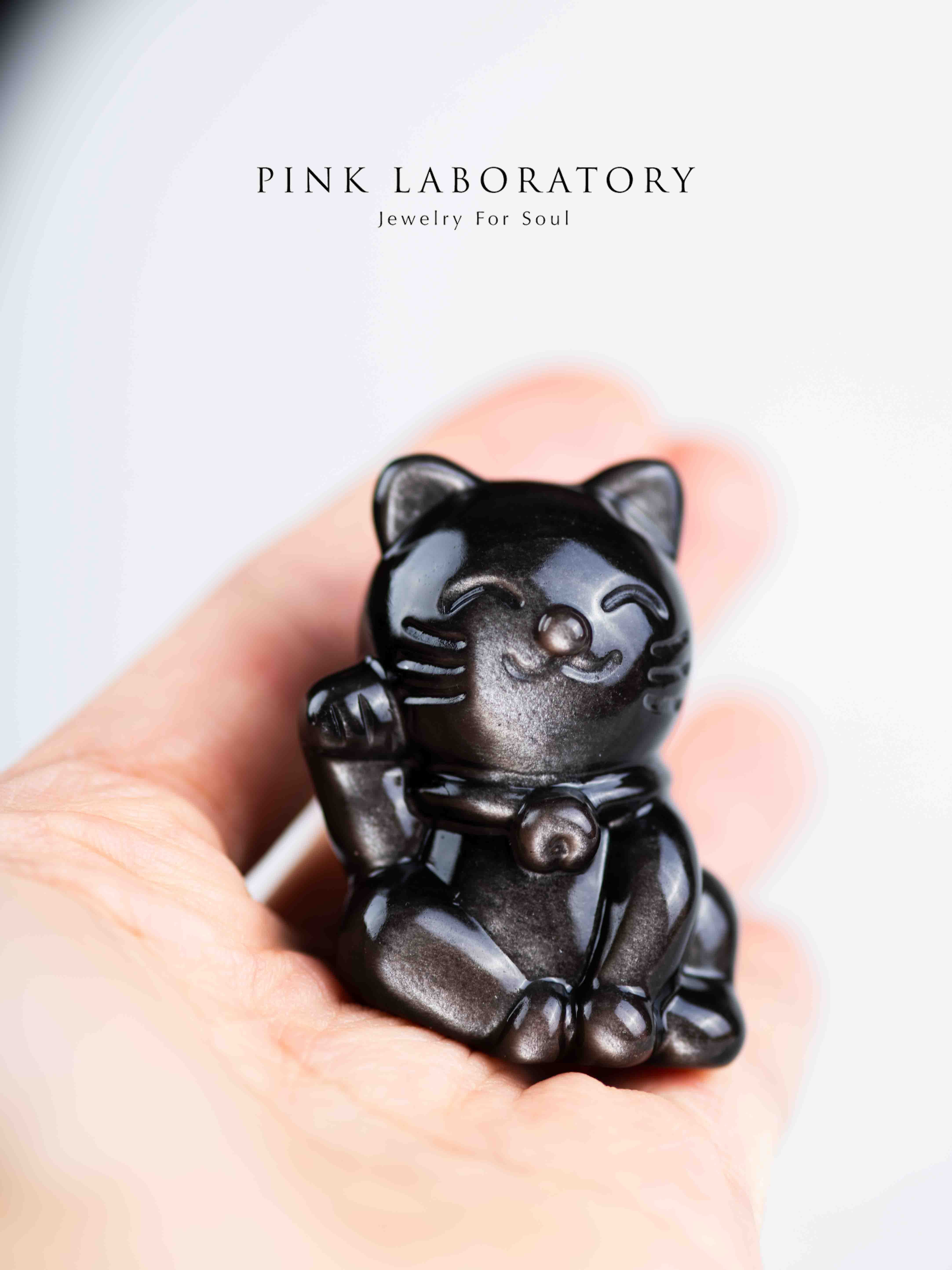 銀曜石招財貓|招財防小人水晶擺件