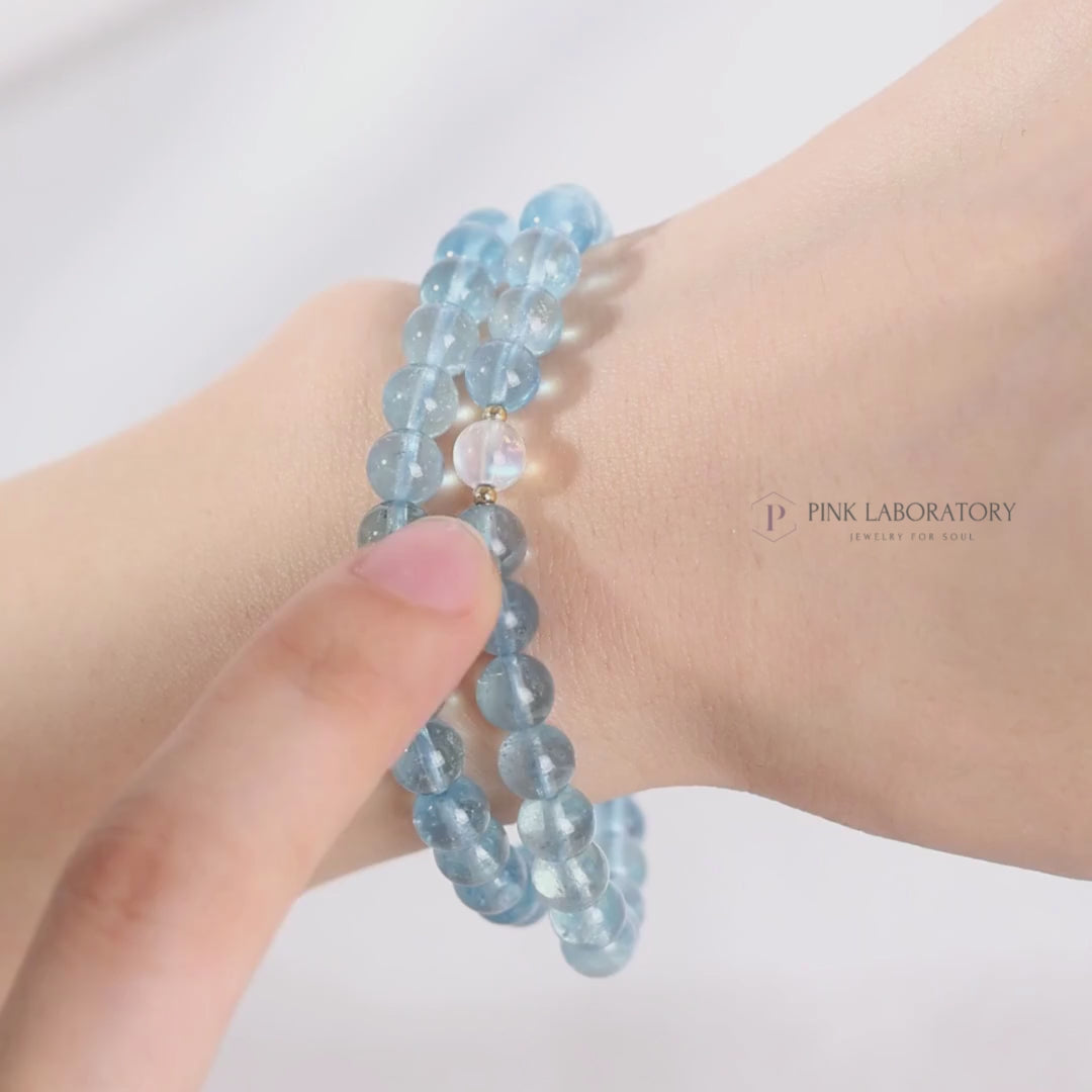 海藍寶粉水晶雙圈14k包金手鍊