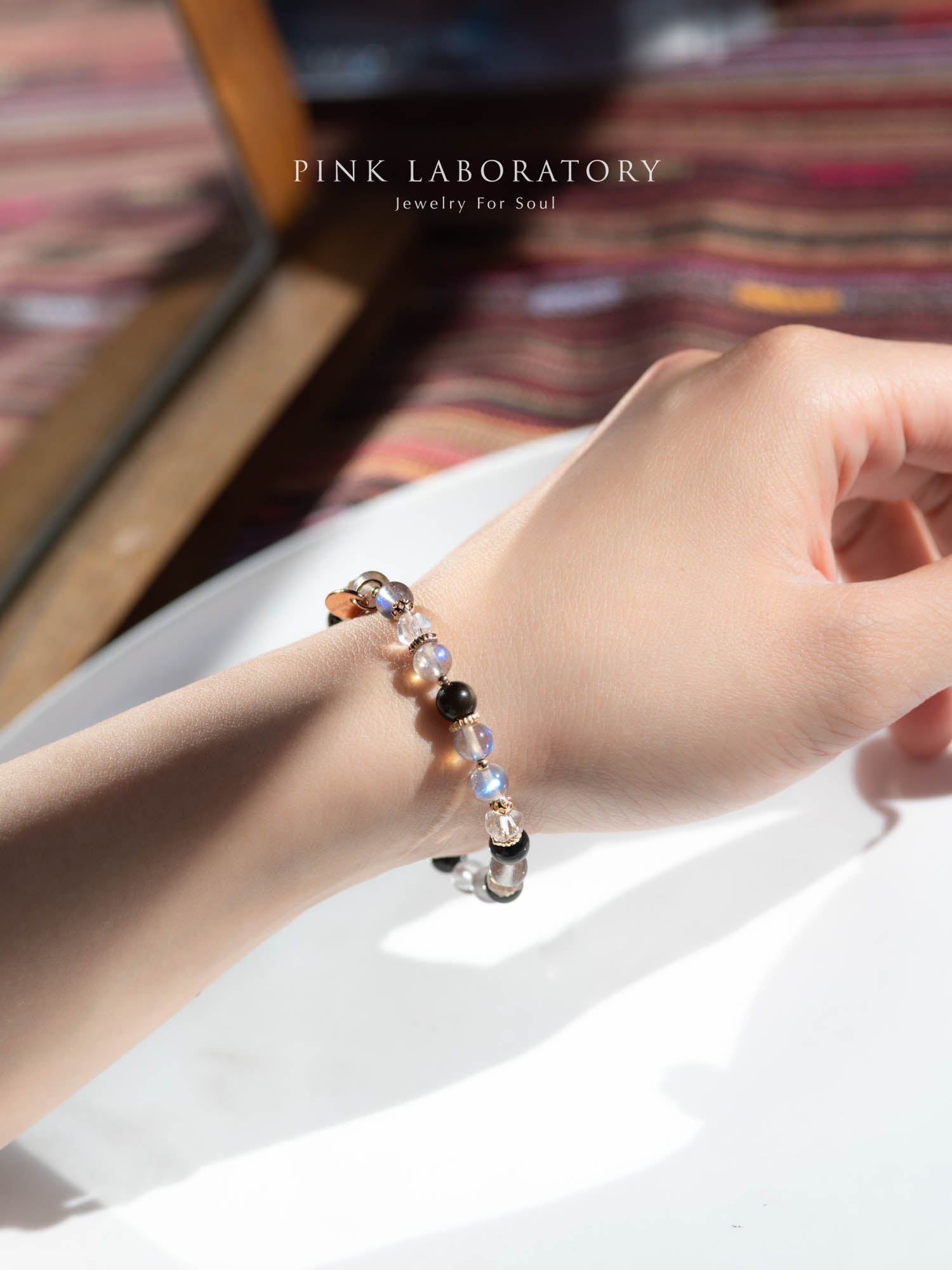 拉長石黑曜石白水晶手鍊