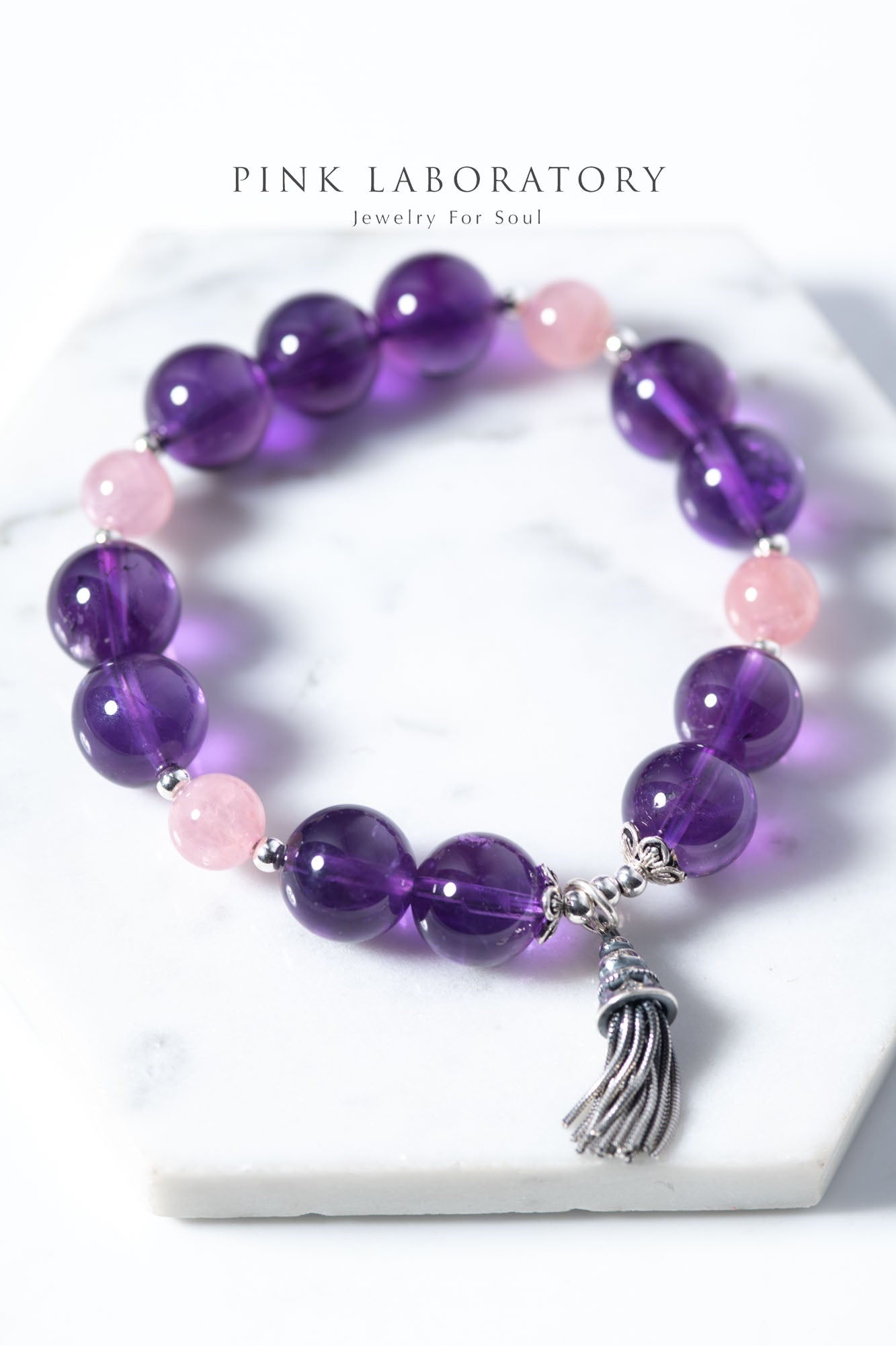 烏拉圭紫水晶粉水晶925純銀手鍊