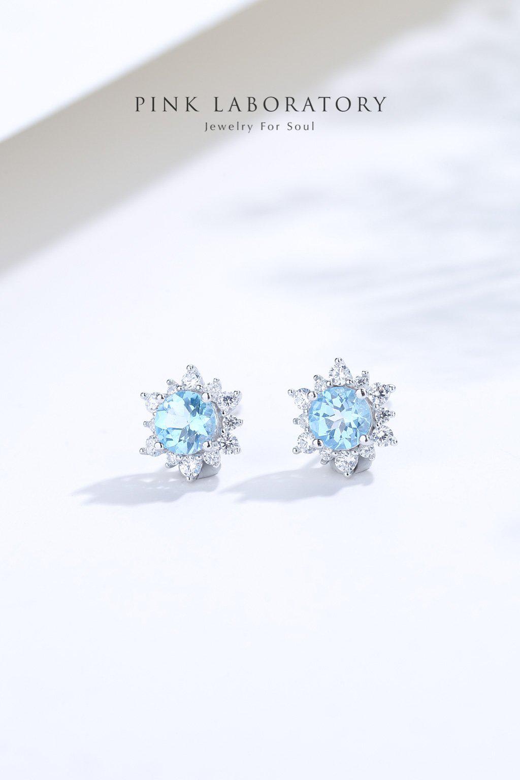 瑞士藍托帕石925純銀精鍍亮澤白金耳環 - Pink Laboratory