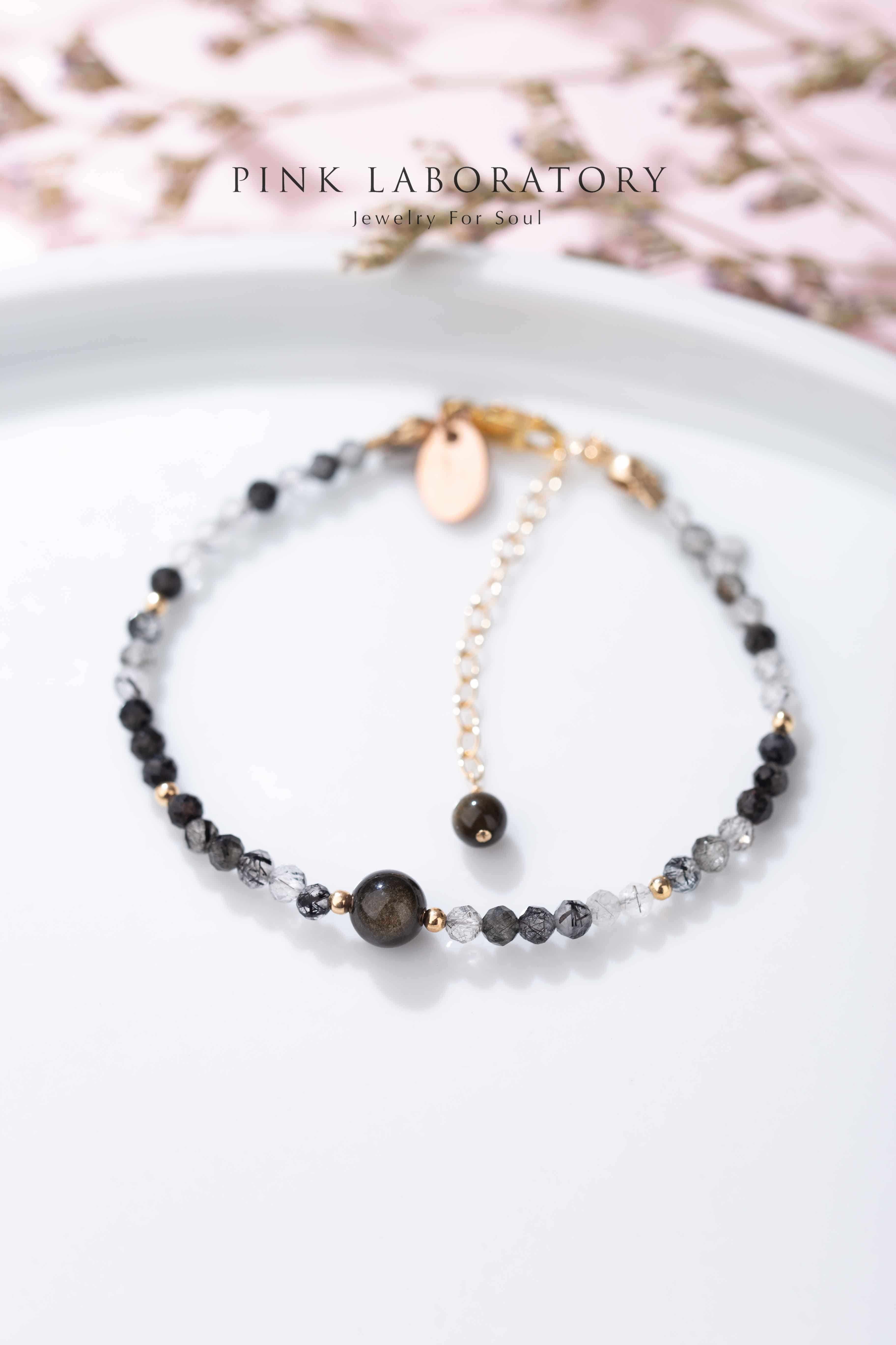 黑髮晶黑曜石14KGF極細手鍊 - Pink Laboratory