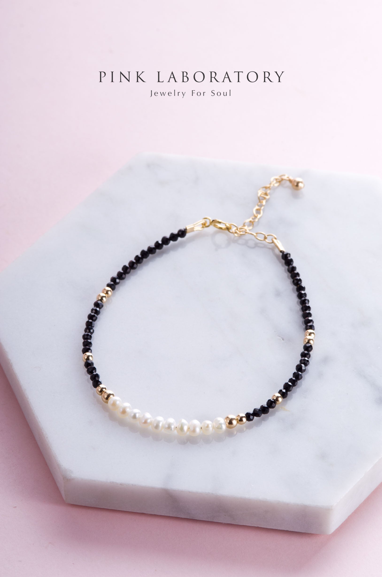 天然淡水珍珠手鍊 | 黑尖晶石 | 14K包金