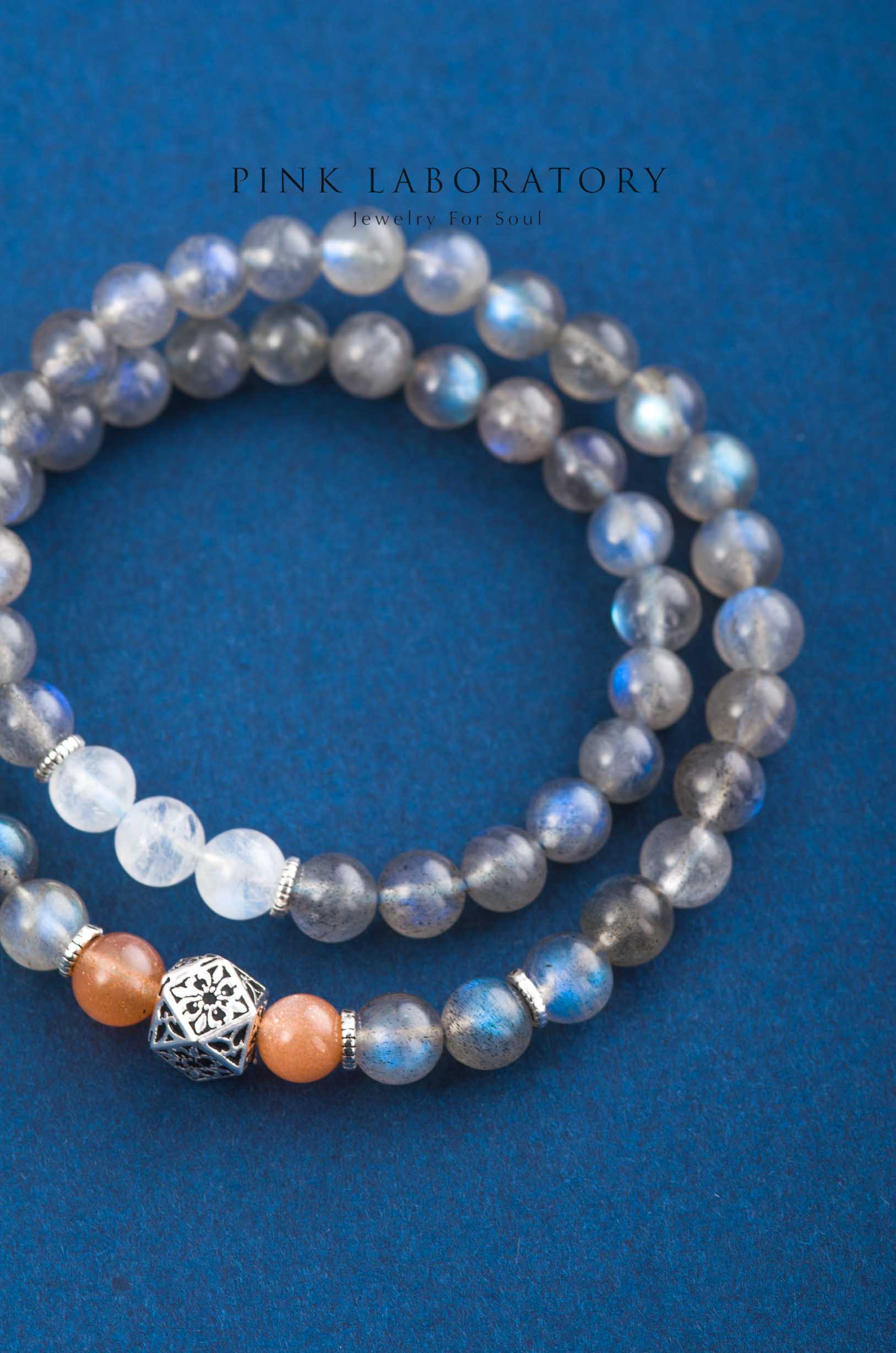 藍光拉長石太陽石月光石925純銀手鏈