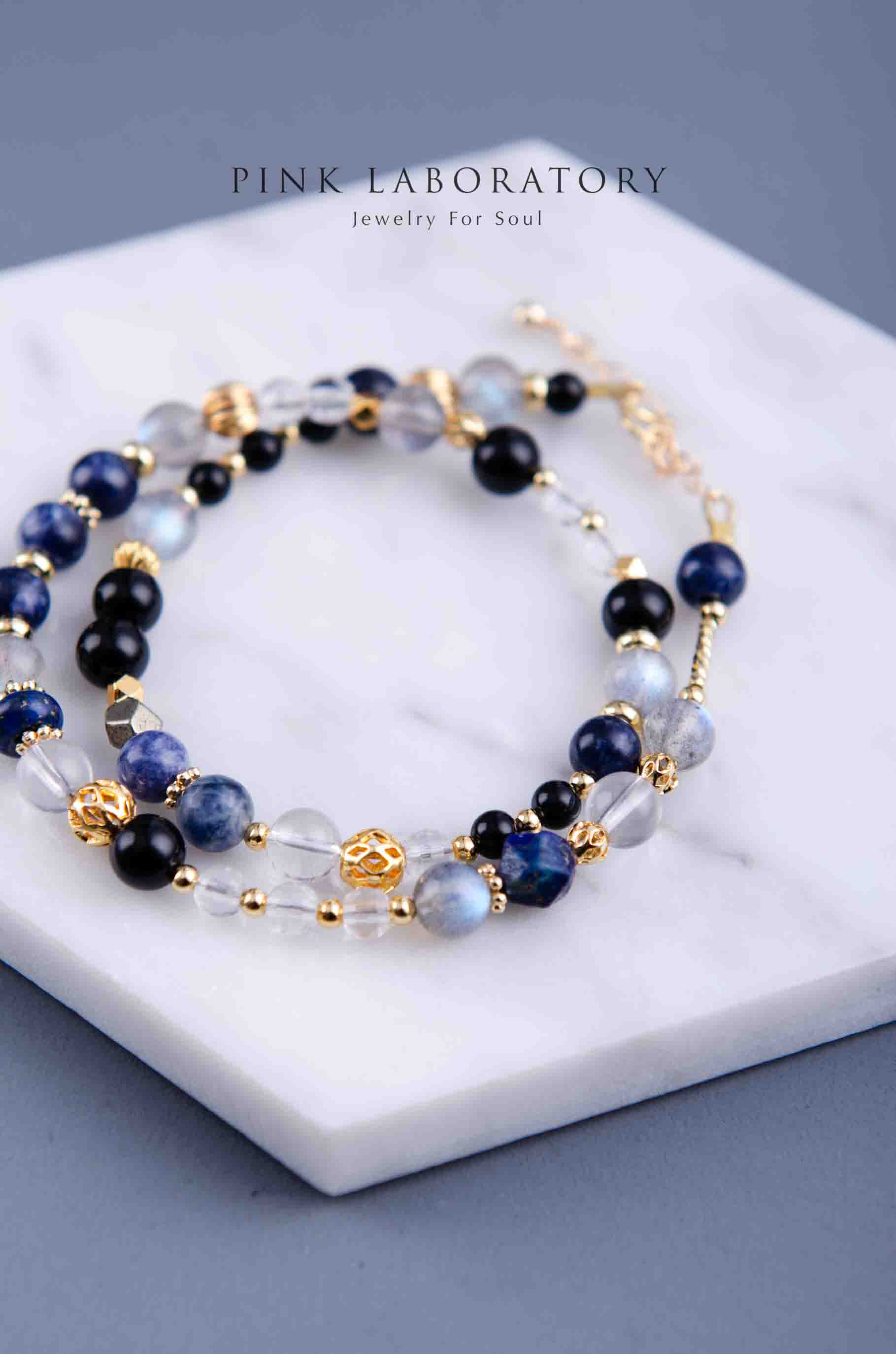 黑瑪瑙拉長石藍色兩圈手鍊