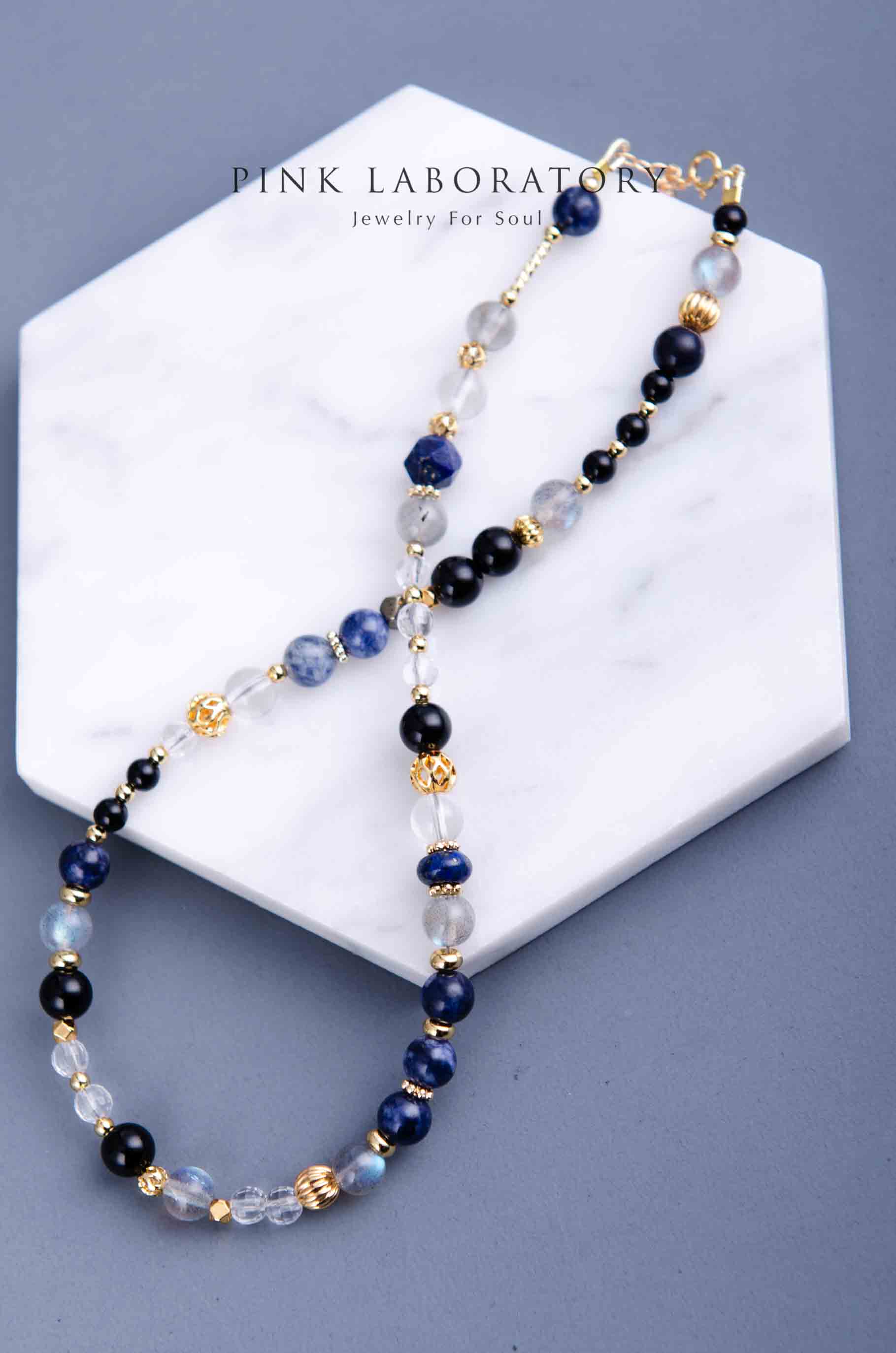 黑瑪瑙拉長石藍色兩圈手鍊