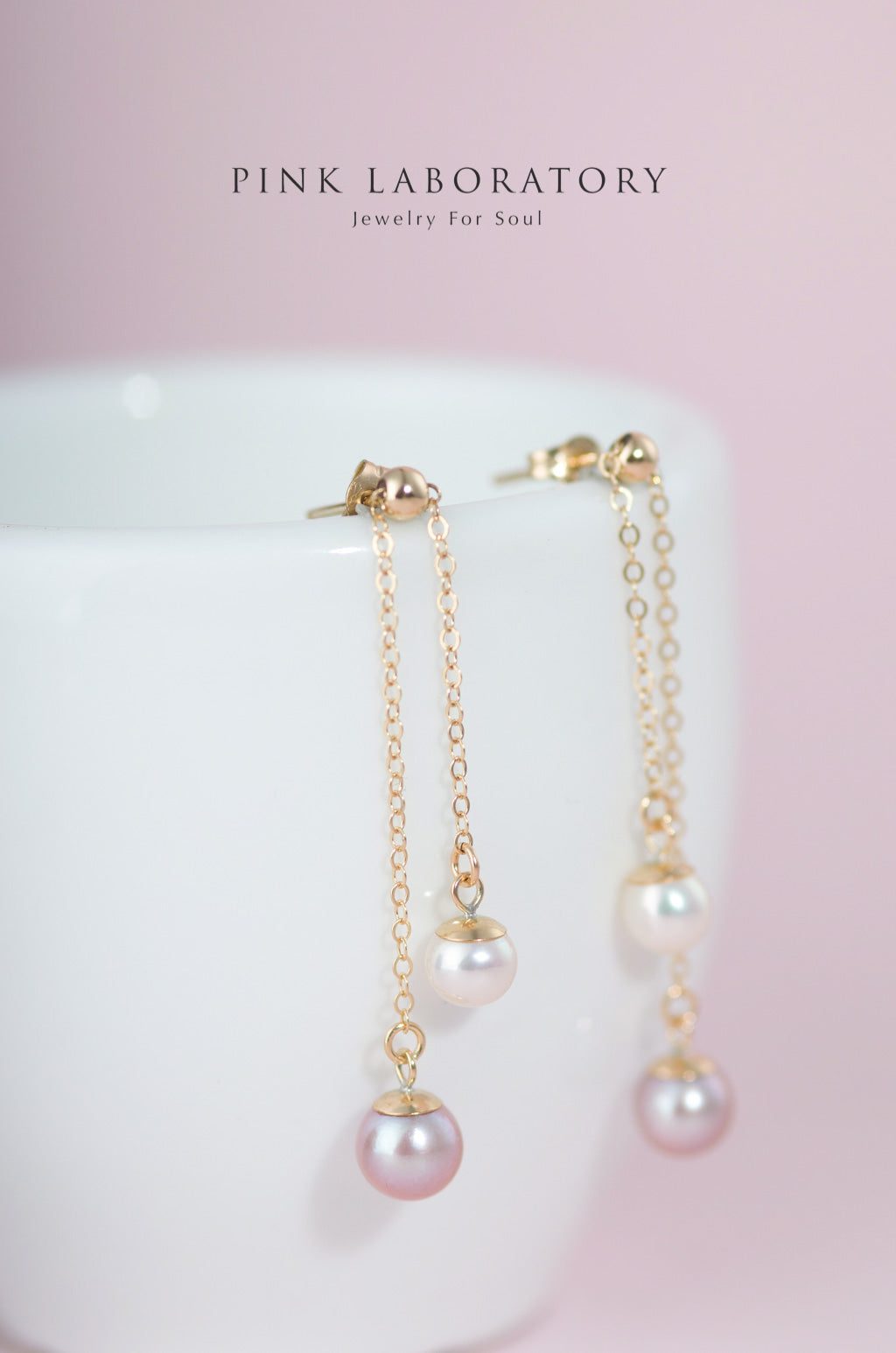 粉紫色正圓天然淡水珍珠14K包金耳環