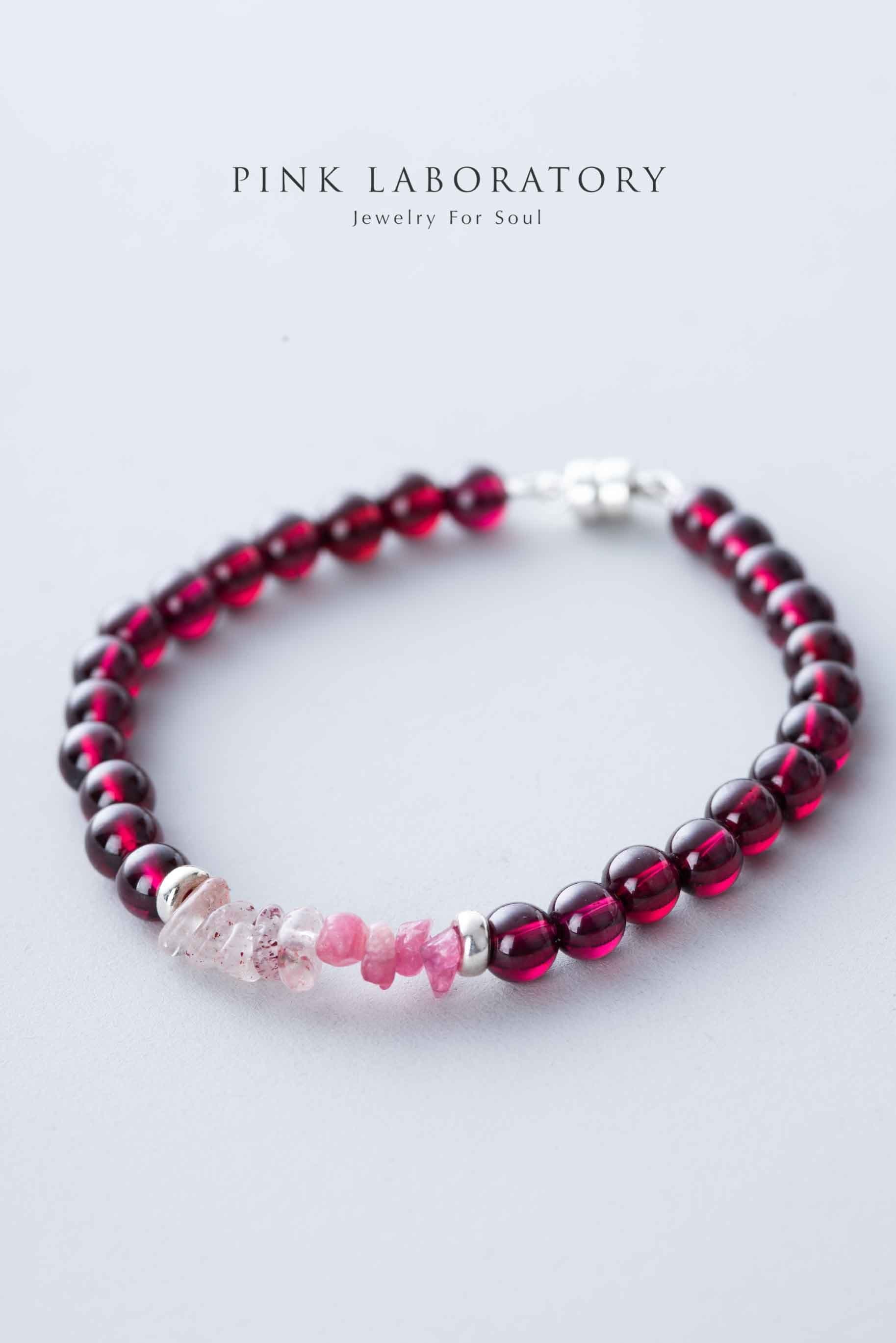 石榴石手鍊 | 草莓晶 | 粉碧璽 | 925純銀 | 單圈 - Pink Laboratory