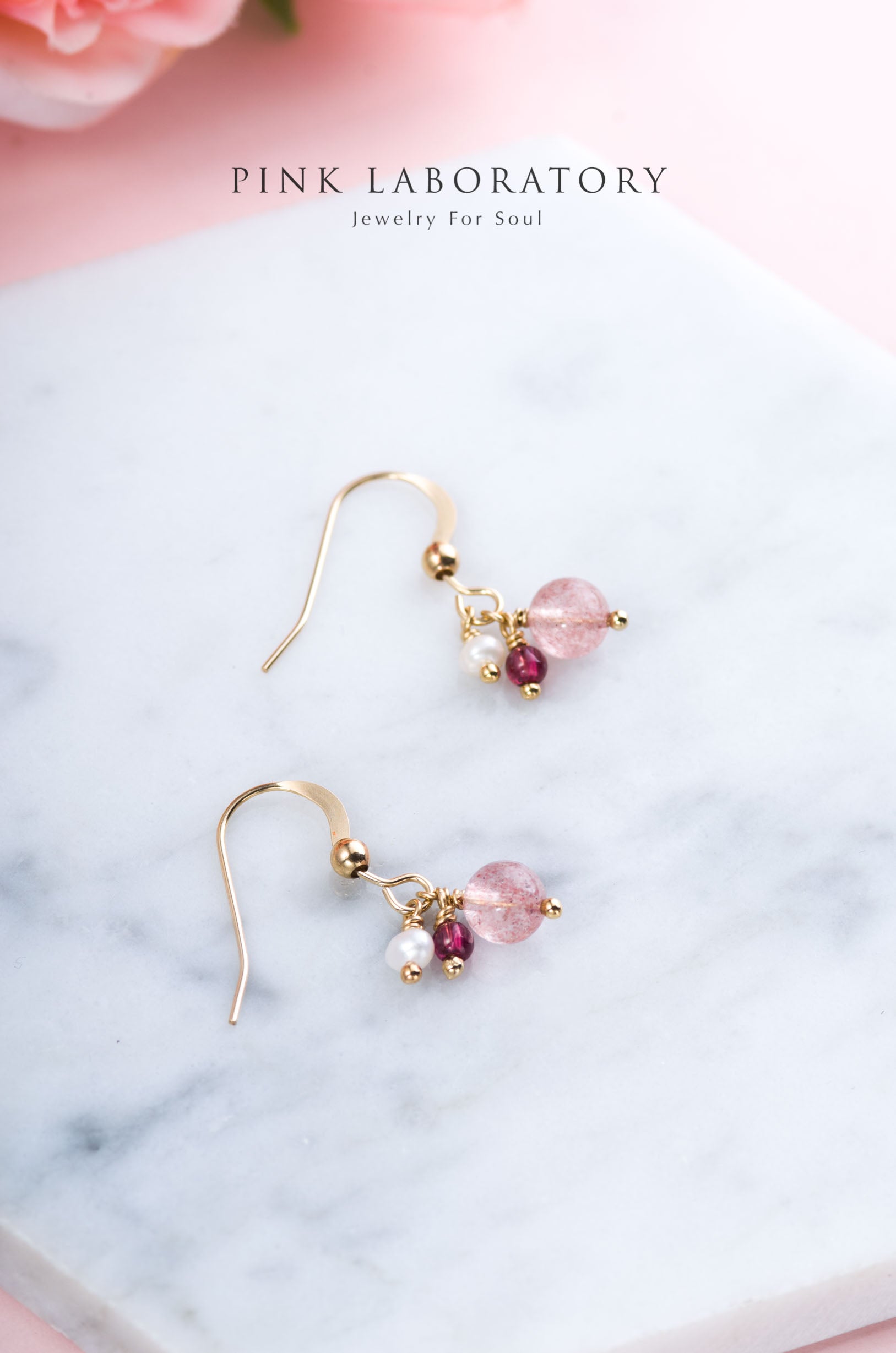 草莓晶石榴石珍珠 | 14K包金 | 純銀耳環