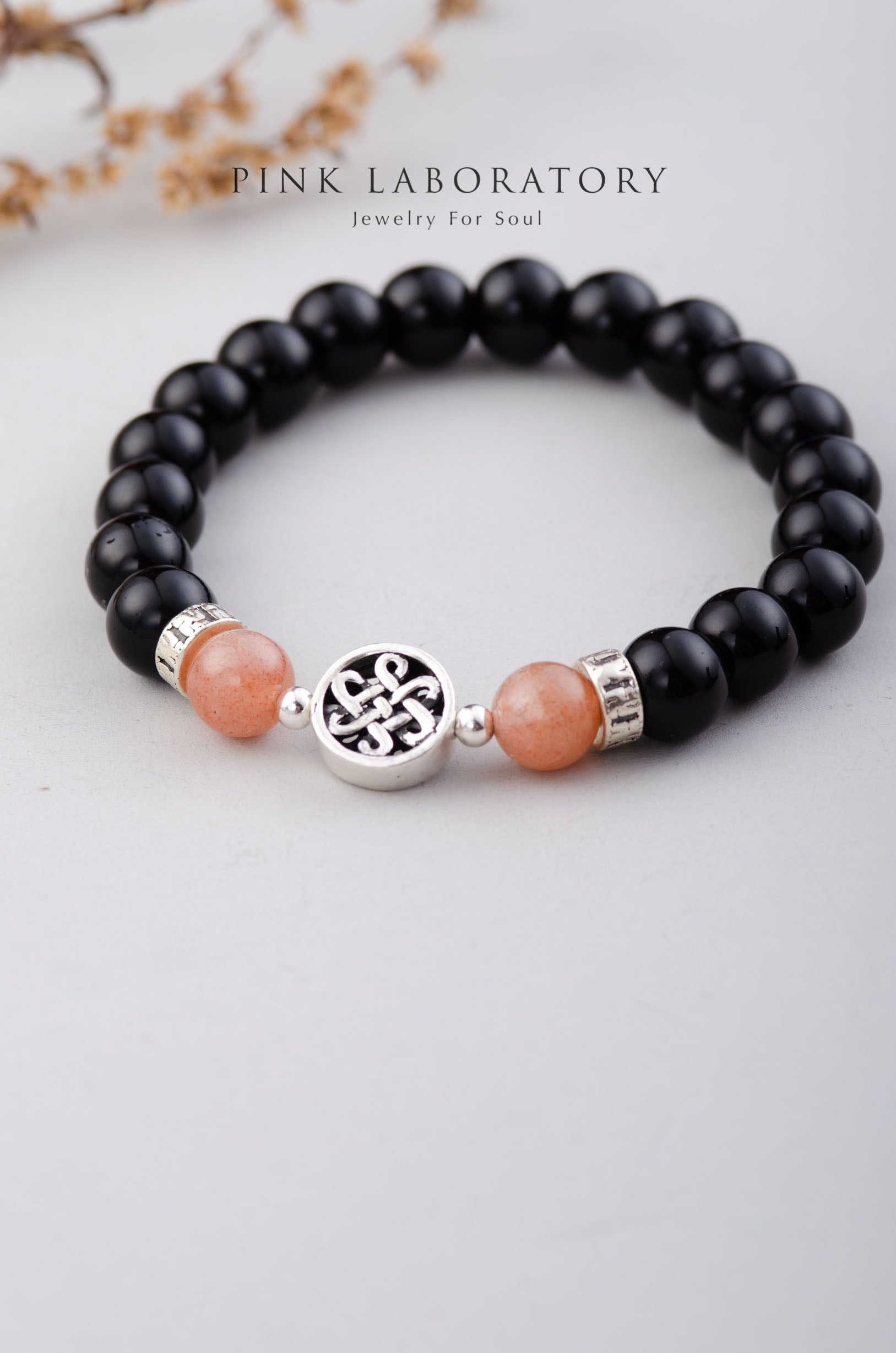 黑瑪瑙太陽石手鍊 | 925純銀泰銀 | 8mm