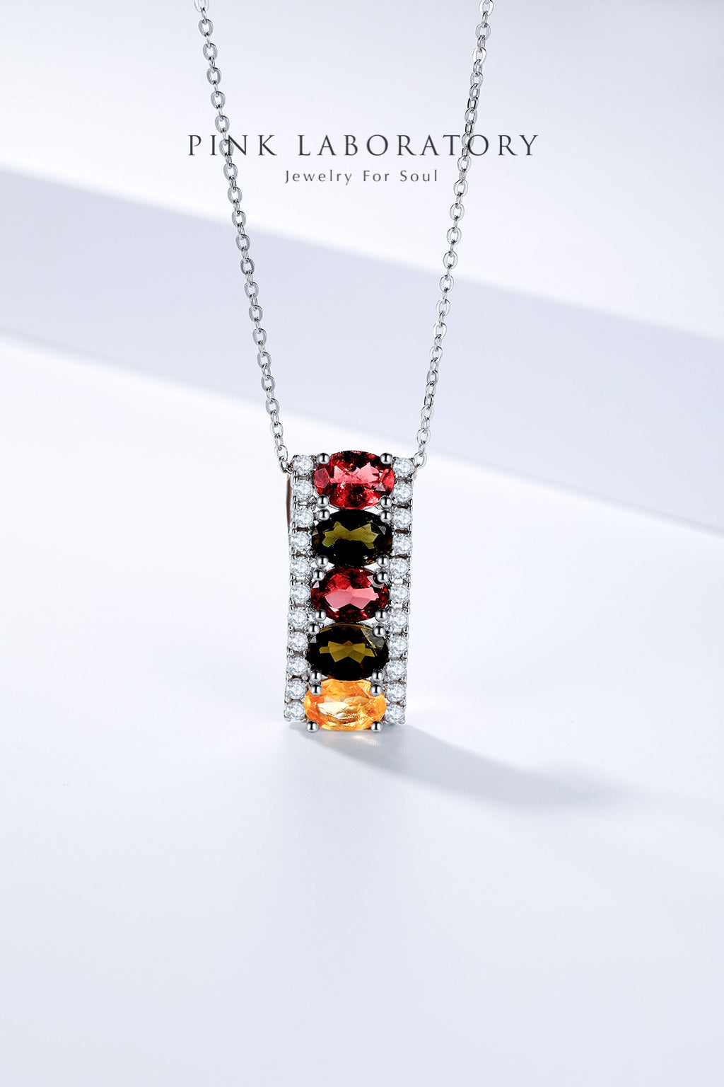 碧璽鋯石吊墜 | 925純銀鍍白金頸鍊