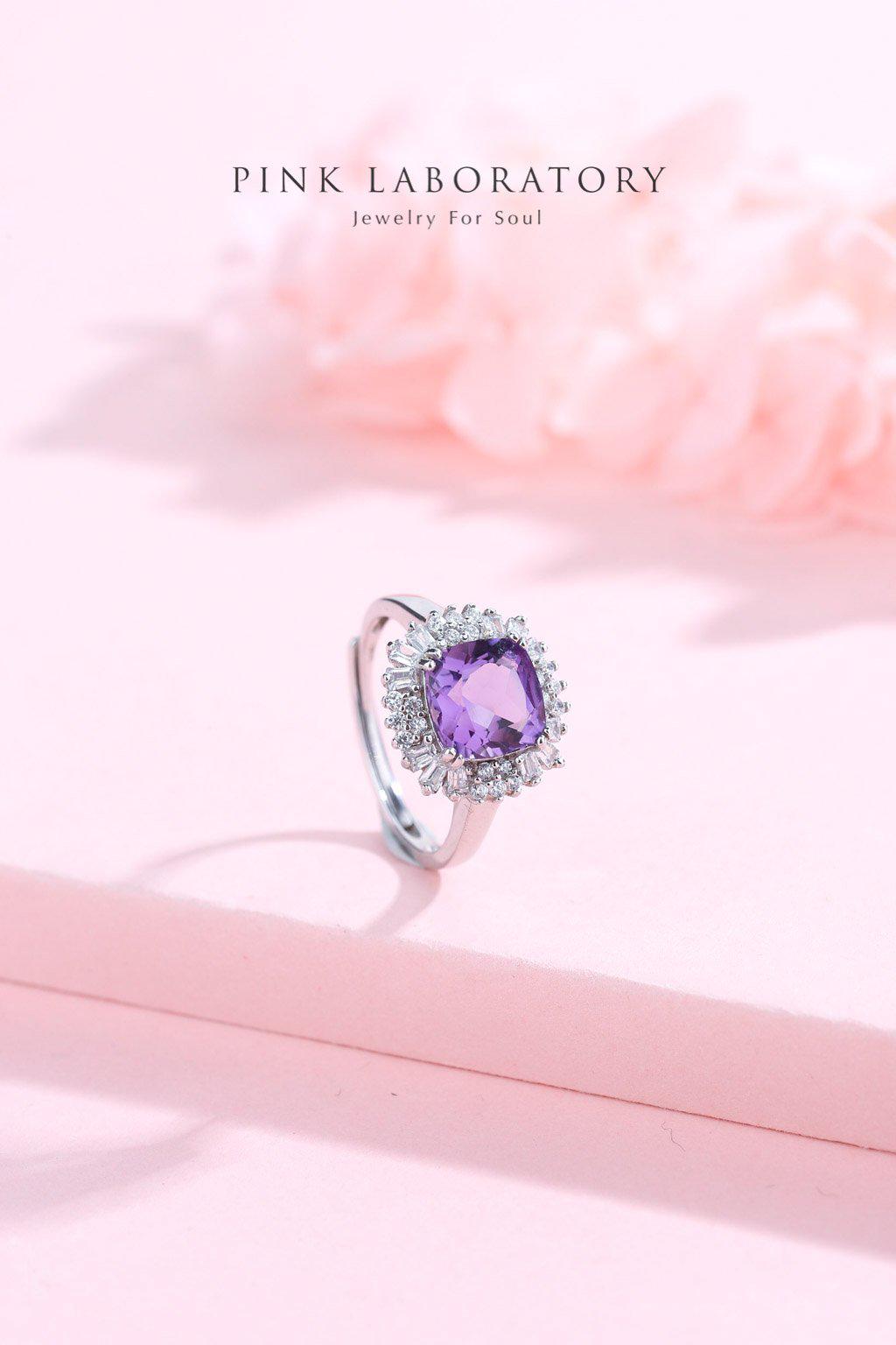 紫水晶公主方形戒指 | 925純銀精鍍亮澤白金戒指 - Pink Laboratory