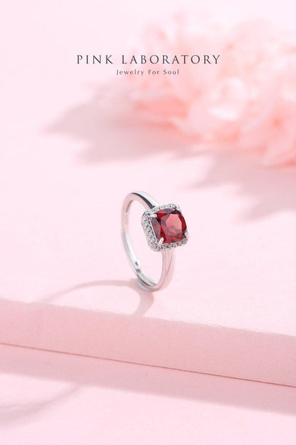 石榴石公主方形戒指 | 925純銀精鍍亮澤白金戒指 - Pink Laboratory
