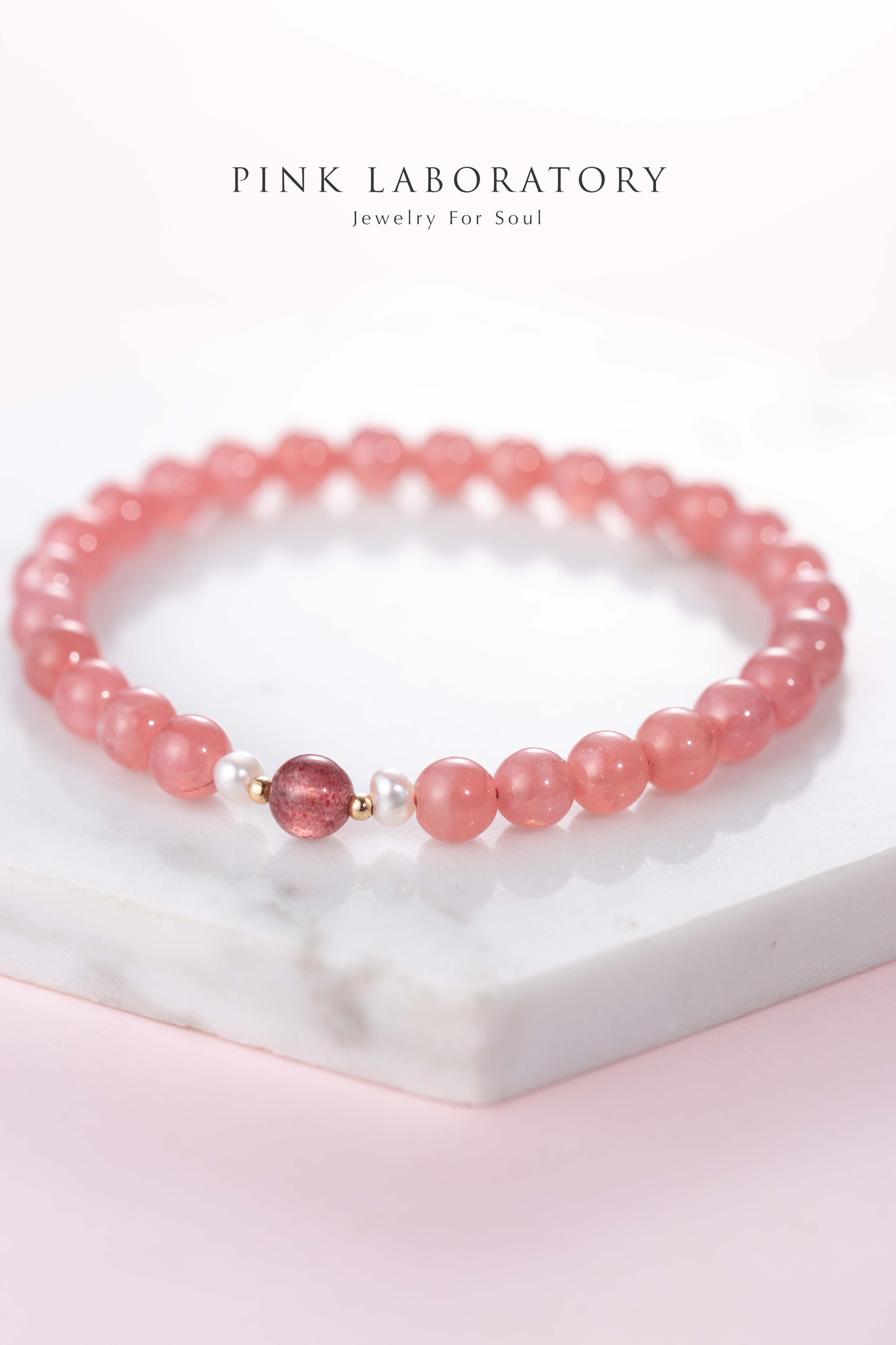 冰種紅紋石草莓晶珍珠14KGF愛情水晶手鍊