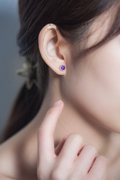 紫水晶925純銀精鍍亮澤白金耳環