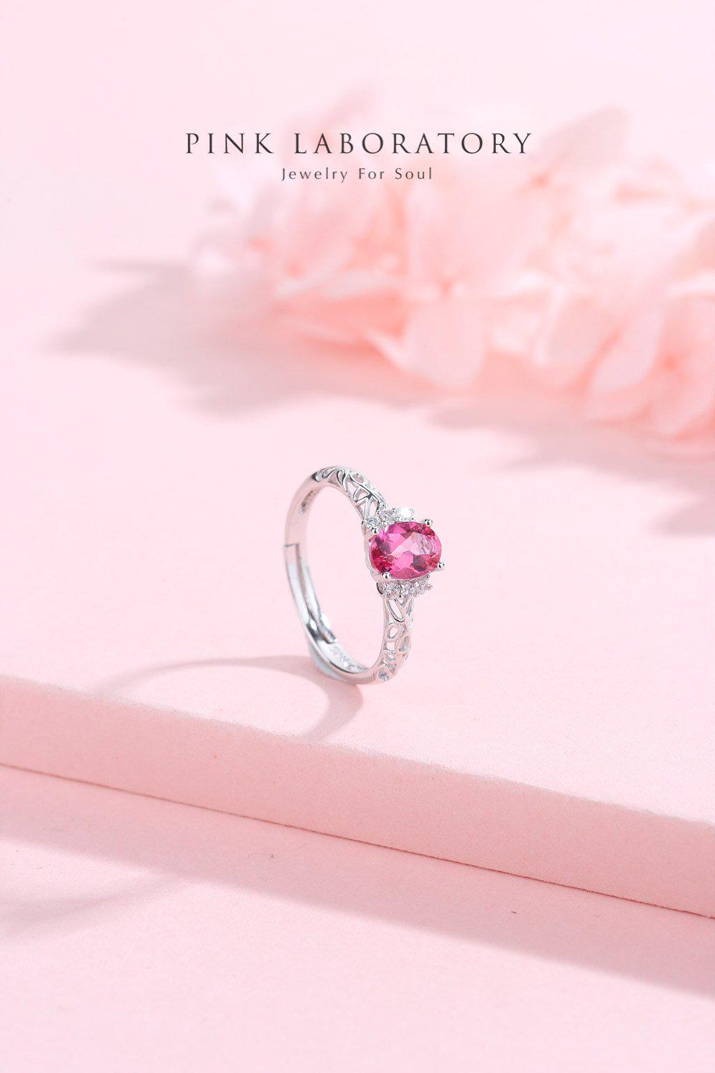 粉紅托帕石925純銀精鍍亮澤白金戒指 - Pink Laboratory