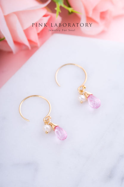 粉紅色托帕石珍珠耳環 | 14K包金 | 925純銀
